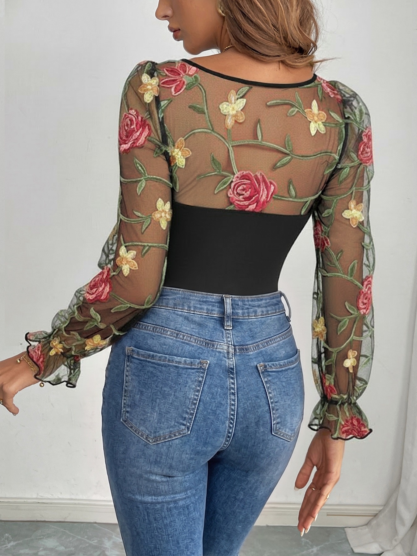 Floral Embroidered Sheer Mesh Long Sleeve Bodysuit