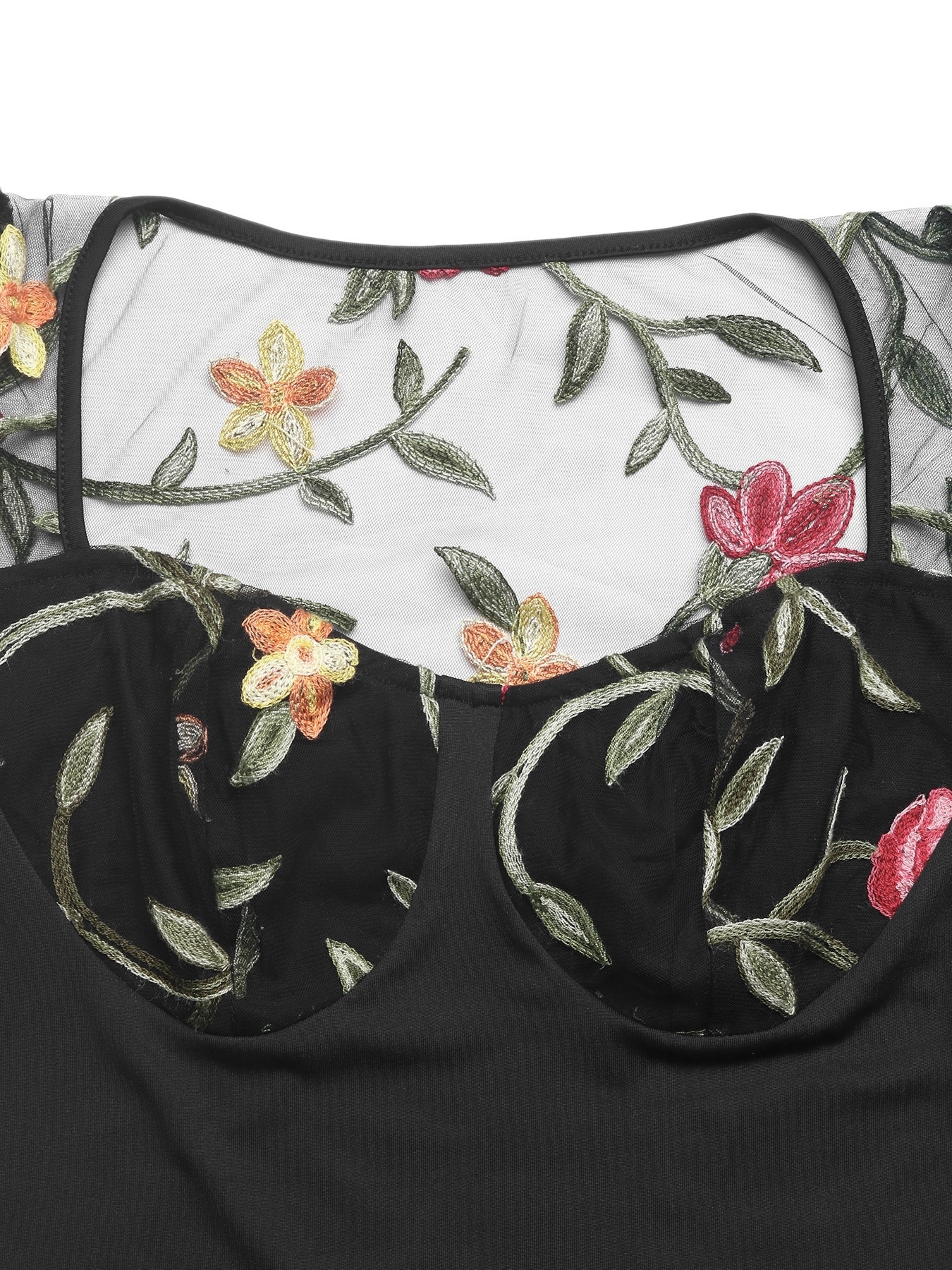 Floral Embroidered Sheer Mesh Long Sleeve Bodysuit