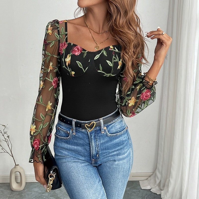 Floral Embroidered Sheer Mesh Long Sleeve Bodysuit