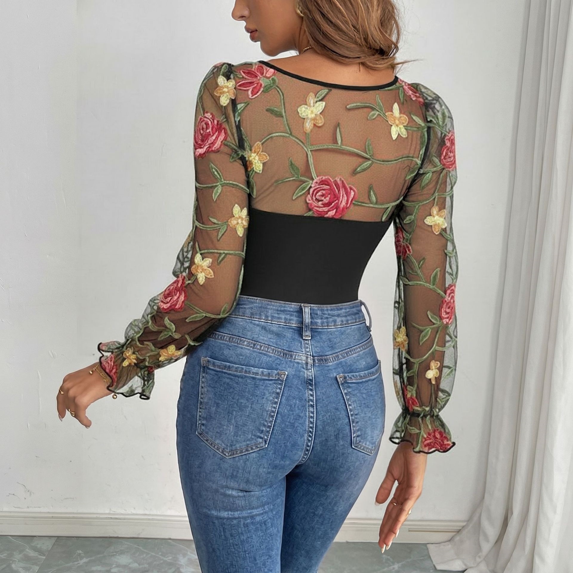 Floral Embroidered Sheer Mesh Long Sleeve Bodysuit