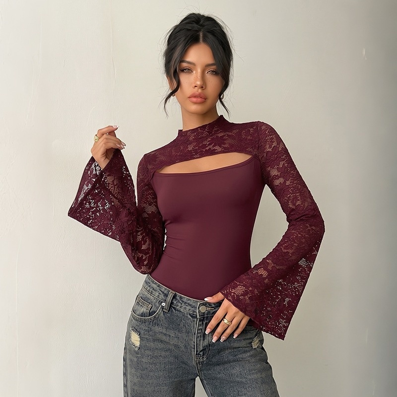 Burgundy Lace Cutout Long Flare Sleeve Bodysuit