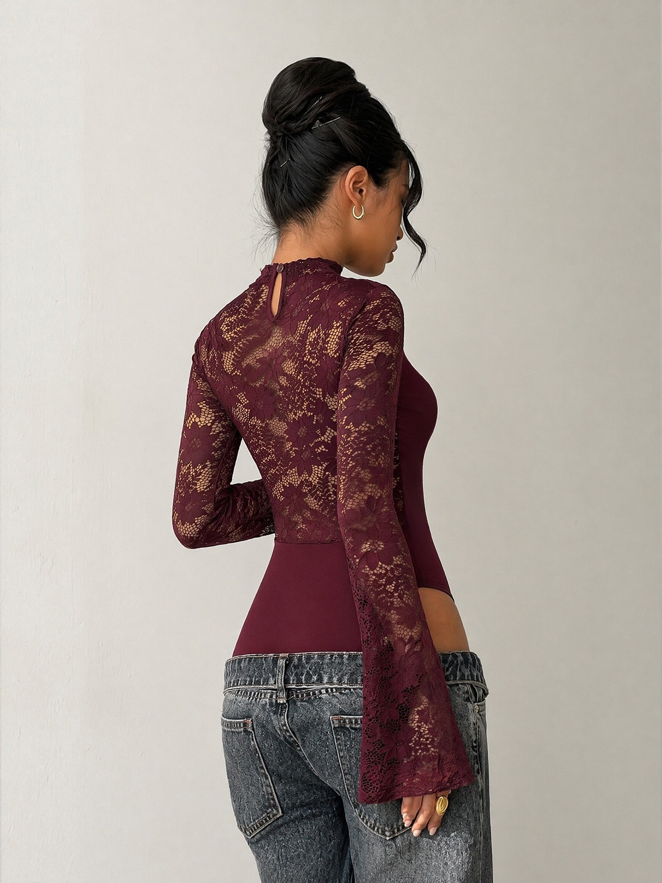 Burgundy Lace Cutout Long Flare Sleeve Bodysuit