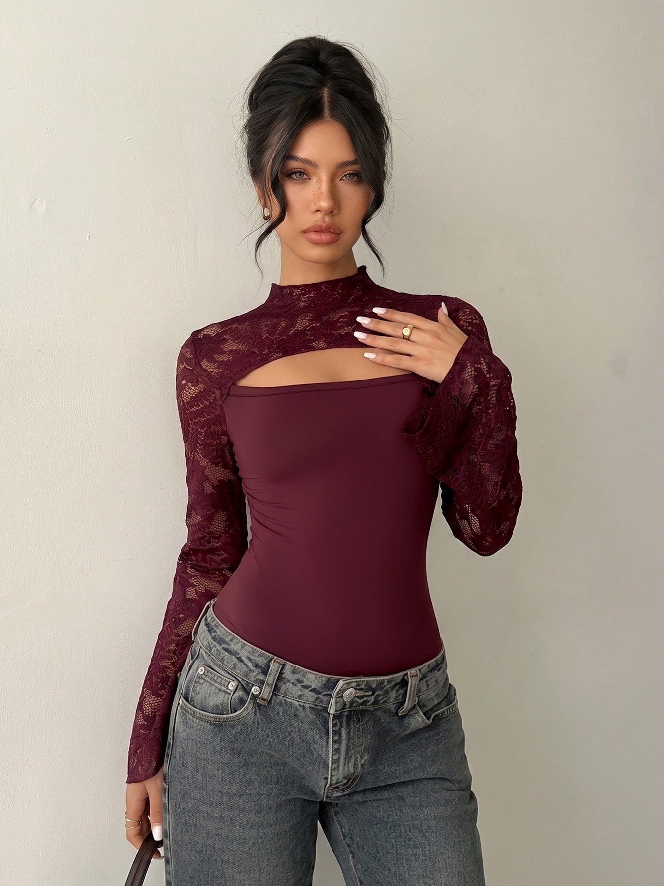 Burgundy Lace Cutout Long Flare Sleeve Bodysuit