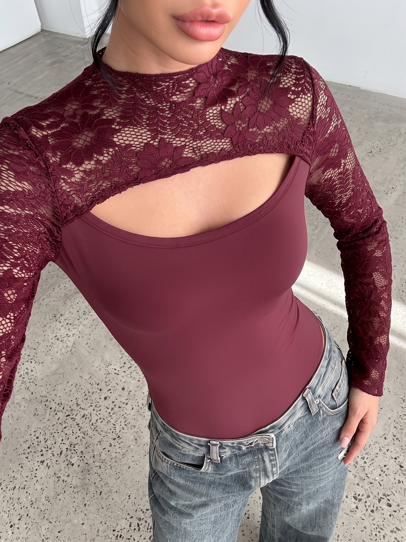 Burgundy Lace Cutout Long Flare Sleeve Bodysuit