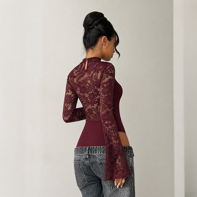 Burgundy Lace Cutout Long Flare Sleeve Bodysuit