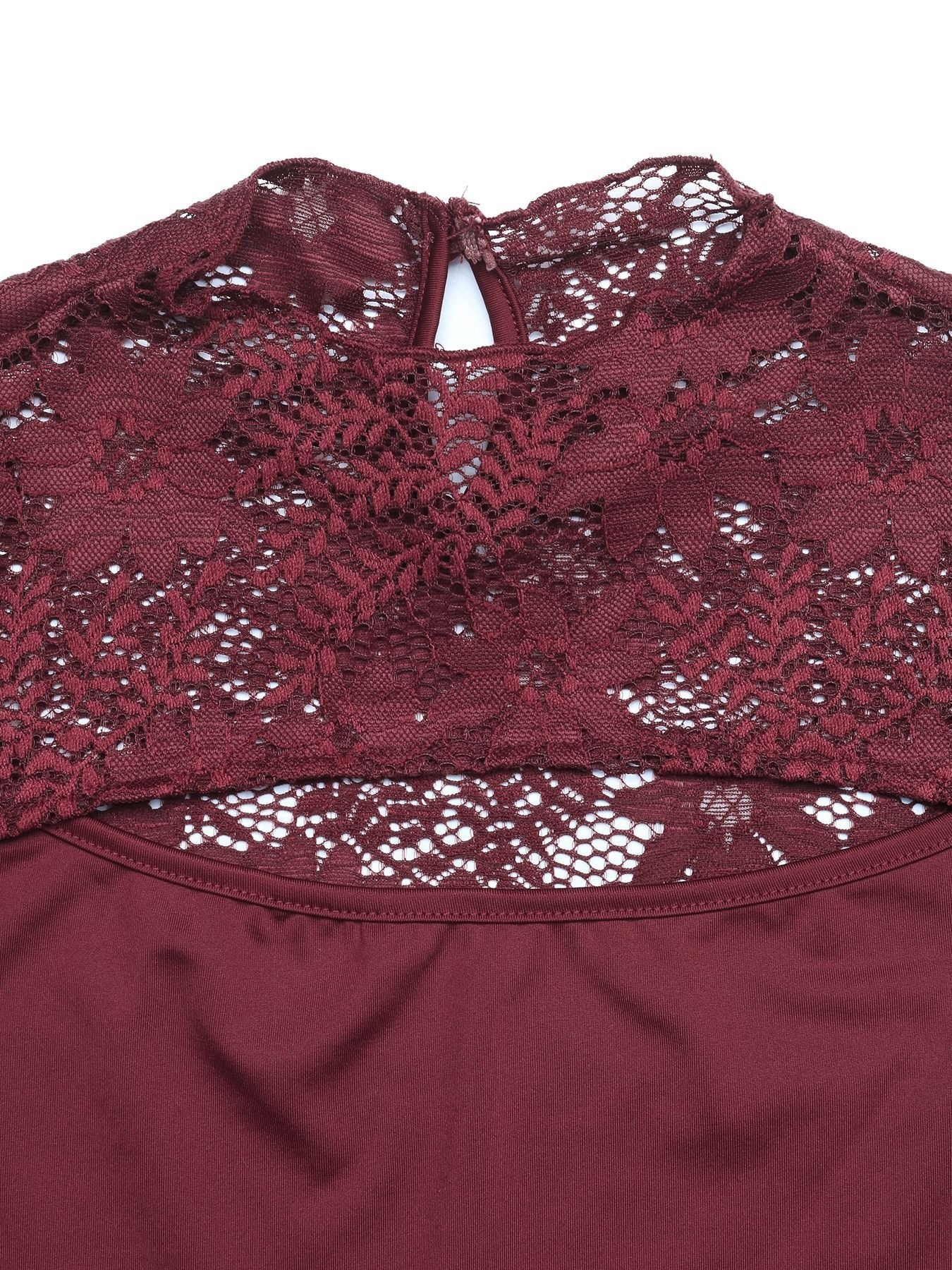 Burgundy Lace Cutout Long Flare Sleeve Bodysuit