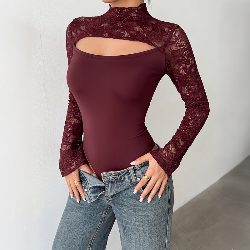 Burgundy Lace Cutout Long Flare Sleeve Bodysuit