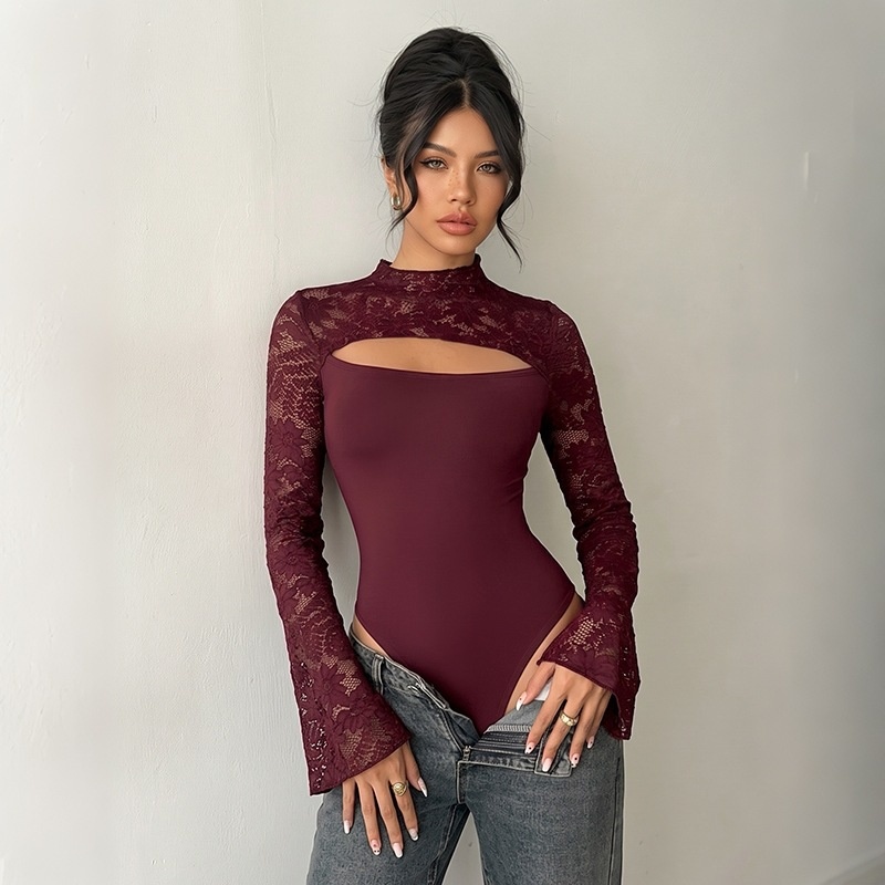 Burgundy Lace Cutout Long Flare Sleeve Bodysuit