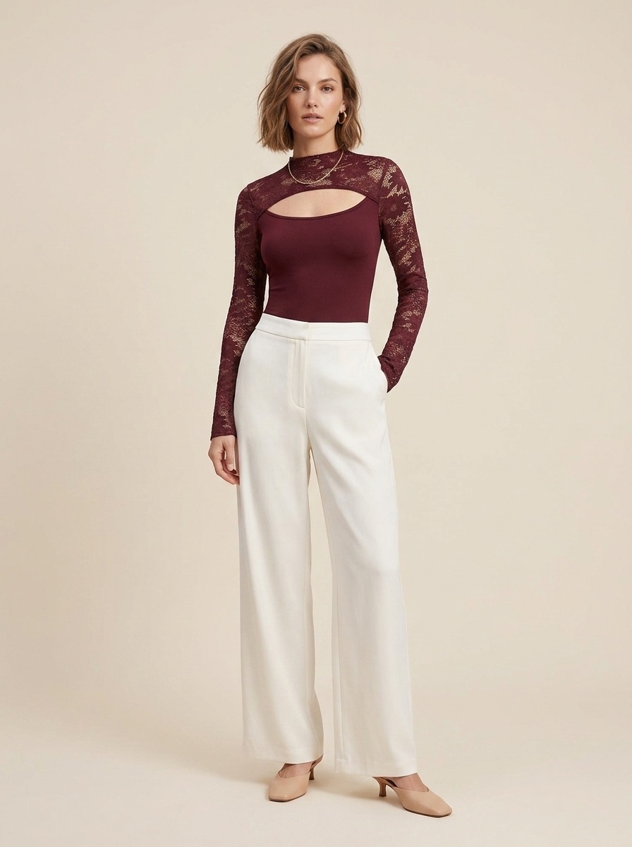 Burgundy Lace Cutout Long Flare Sleeve Bodysuit