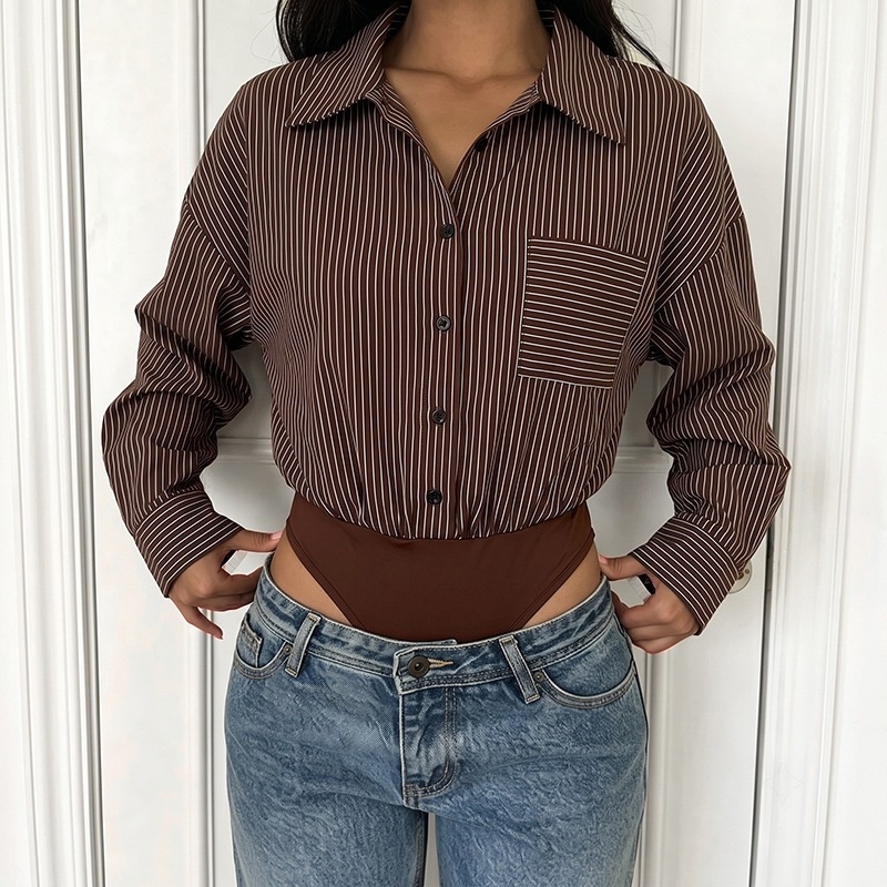 Women's Striped Long Sleeve Shirt Bodysuit