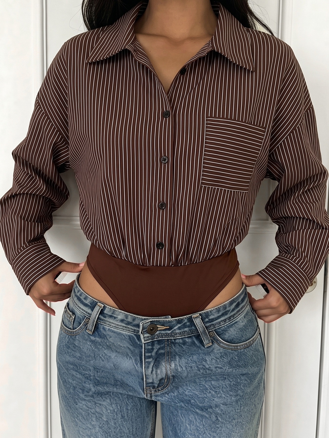 Women's Striped Long Sleeve Shirt Bodysuit