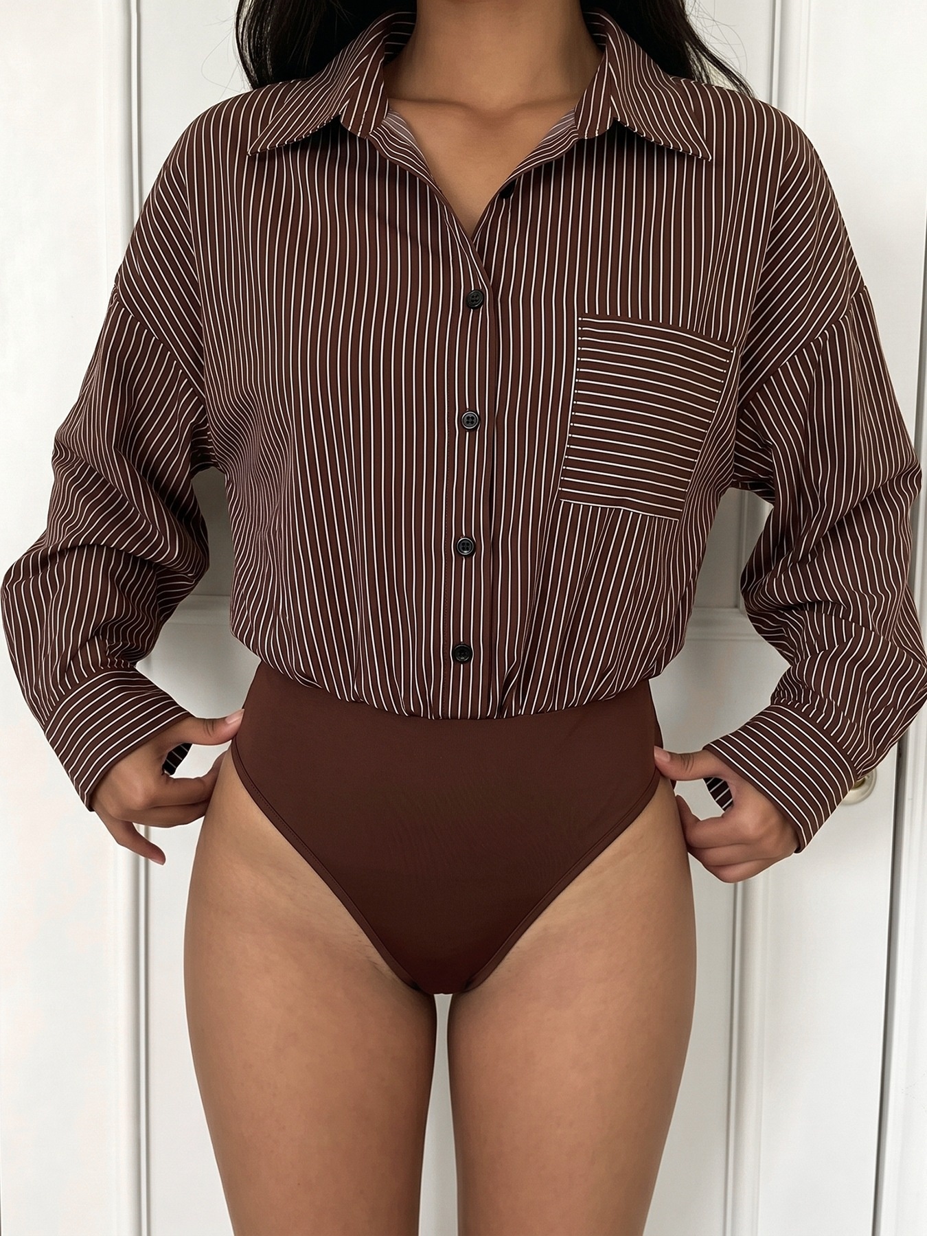 Women's Striped Long Sleeve Shirt Bodysuit