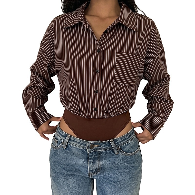 Women's Striped Long Sleeve Shirt Bodysuit