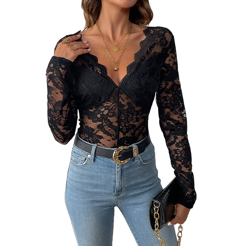 Women's Scalloped Floral Lace Long Sleeve Bodysuit
