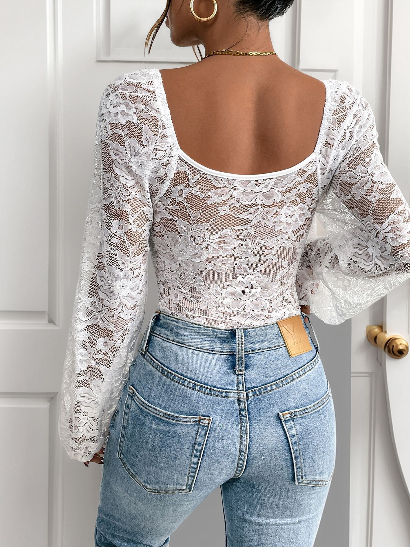 Women's Floral Lace Corset Bodysuit Long Sleeve Top