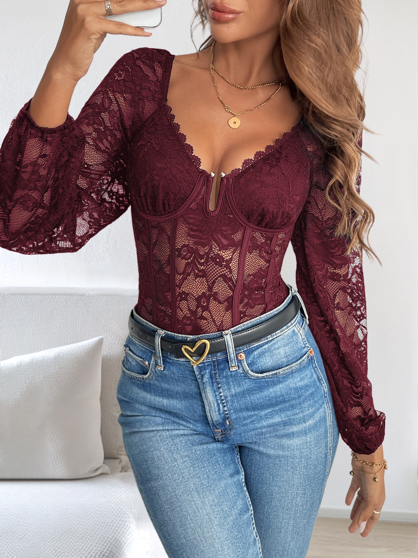 Women's Floral Lace Corset Bodysuit Long Sleeve Top