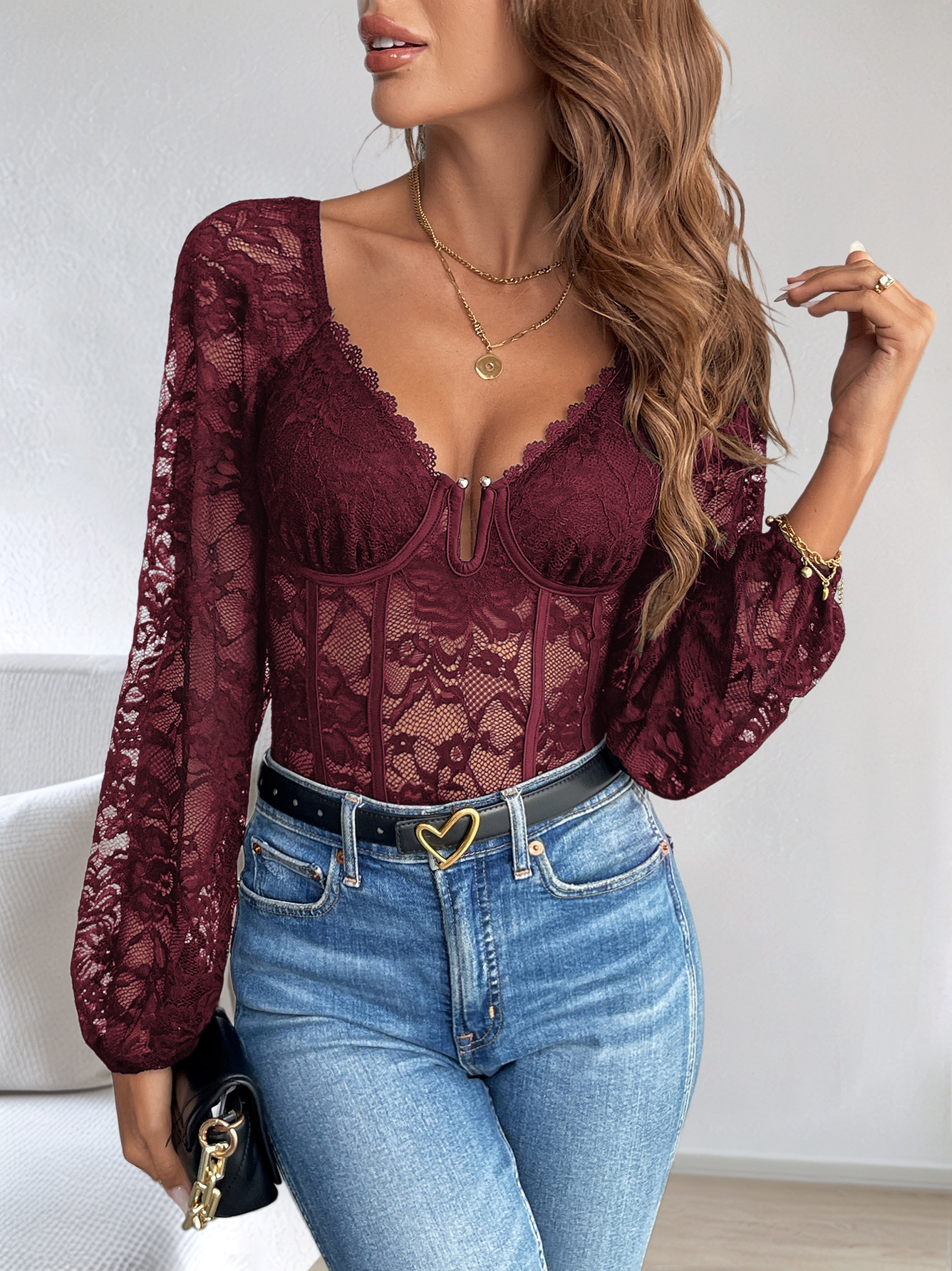 Women's Floral Lace Corset Bodysuit Long Sleeve Top