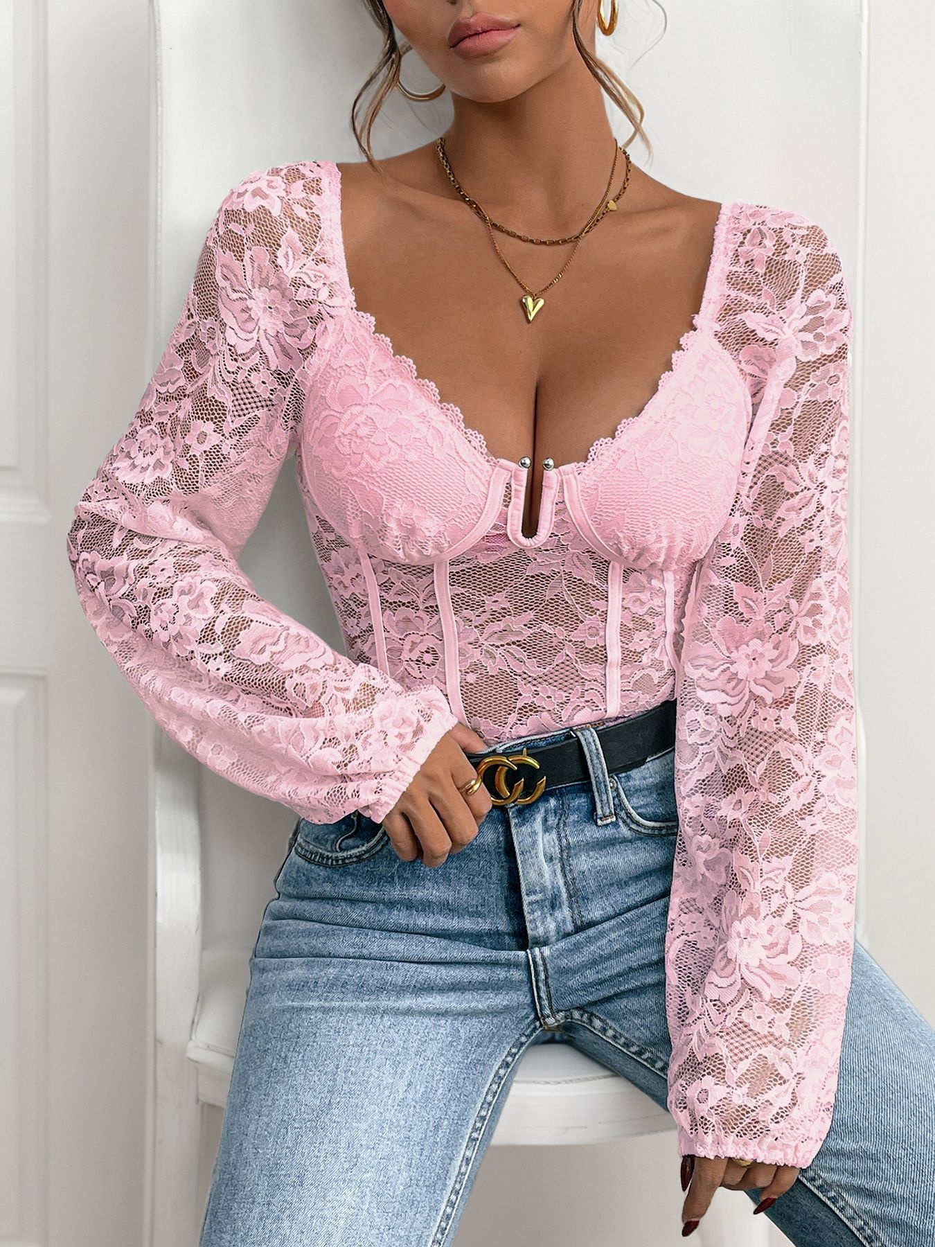Women's Floral Lace Corset Bodysuit Long Sleeve Top