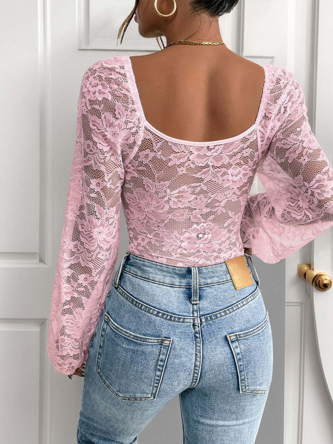 Women's Floral Lace Corset Bodysuit Long Sleeve Top