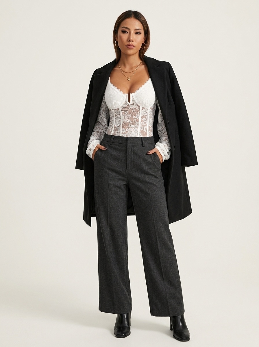 Women's Floral Lace Corset Bodysuit Long Sleeve Top
