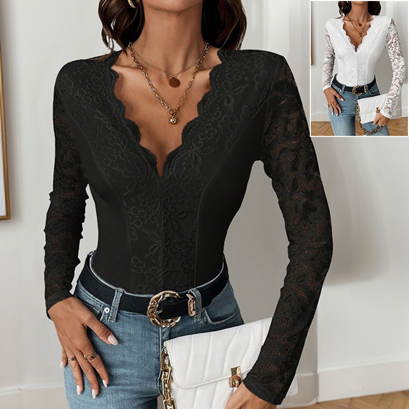 Women's Scalloped Lace V-Neck Long Sleeve Bodysuit