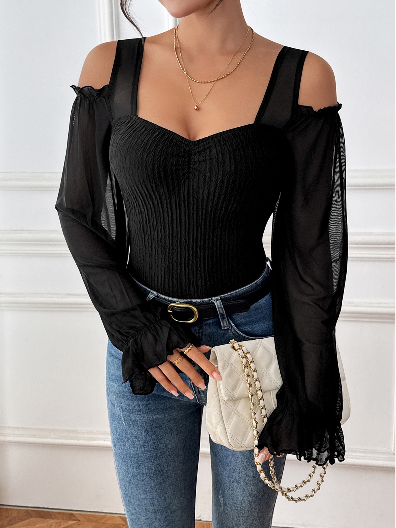 Black Cold Shoulder Mesh Sleeve Bodysuit