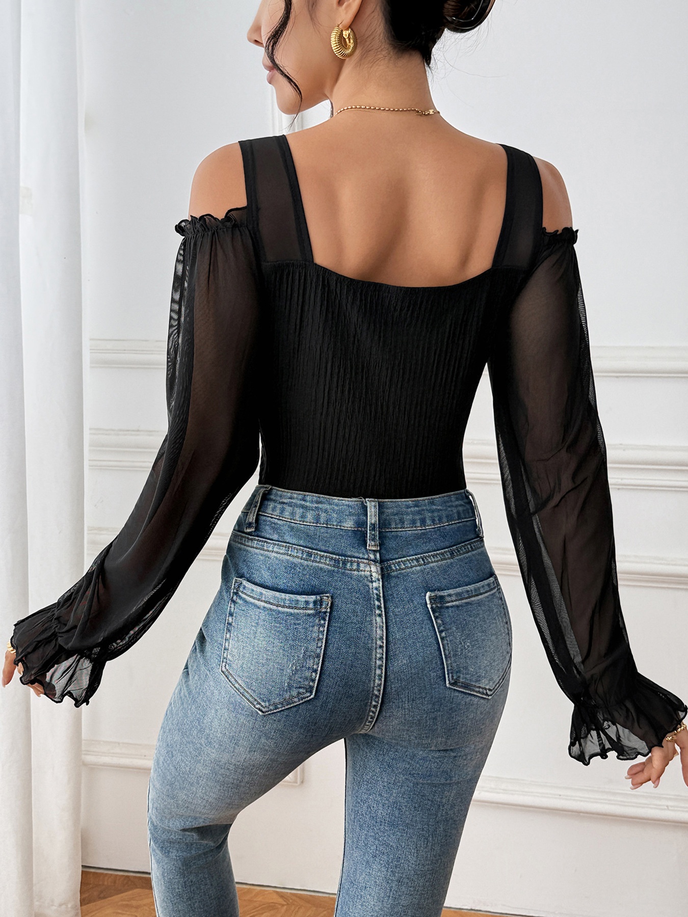 Black Cold Shoulder Mesh Sleeve Bodysuit