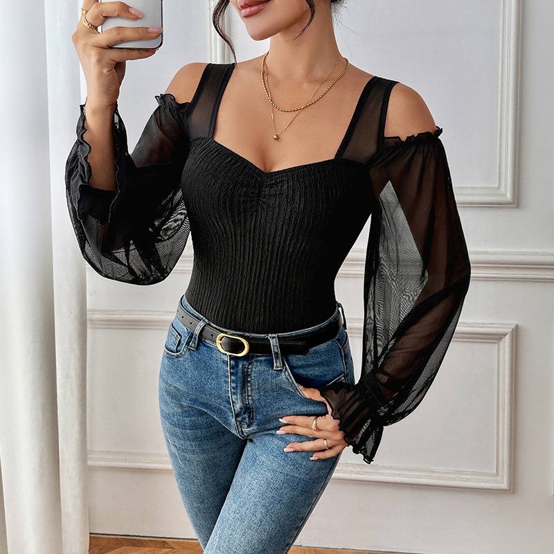 Black Cold Shoulder Mesh Sleeve Bodysuit