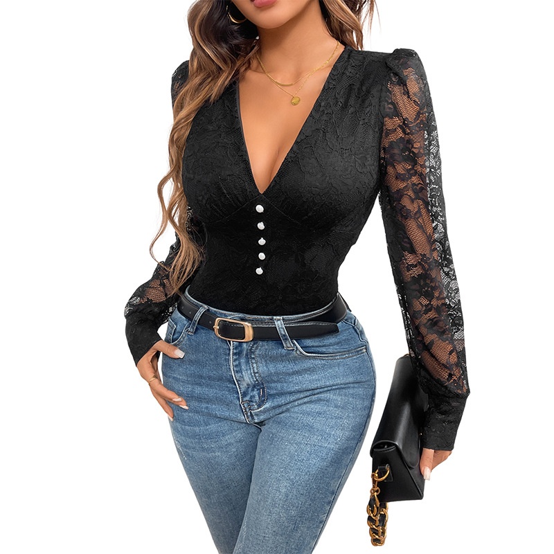 Body da donna a maniche lunghe con scollo a V e pizzo floreale