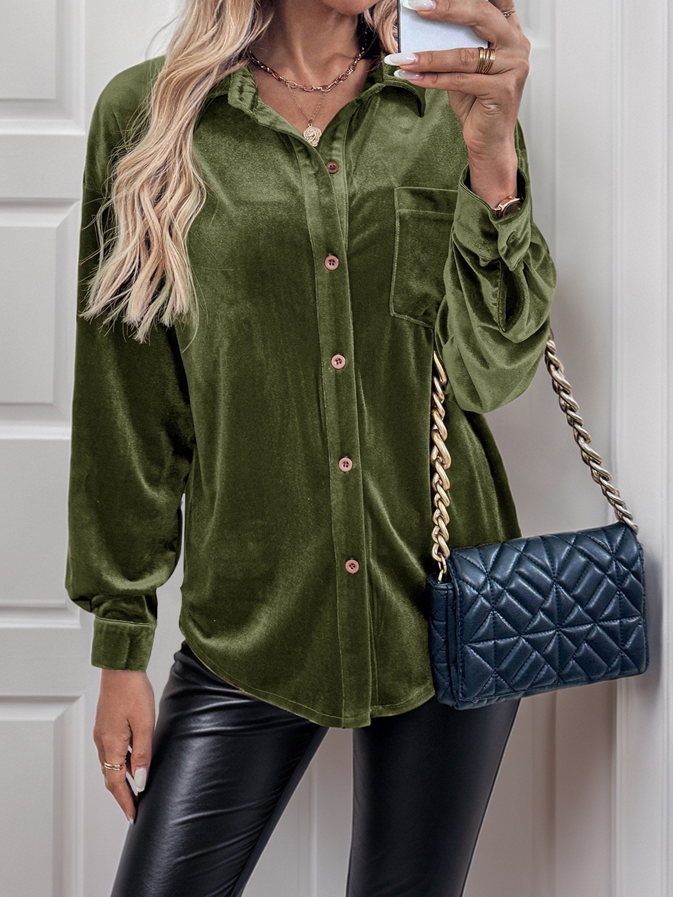 Women's Velvet Button Down Shirt Long Sleeve Blouse
