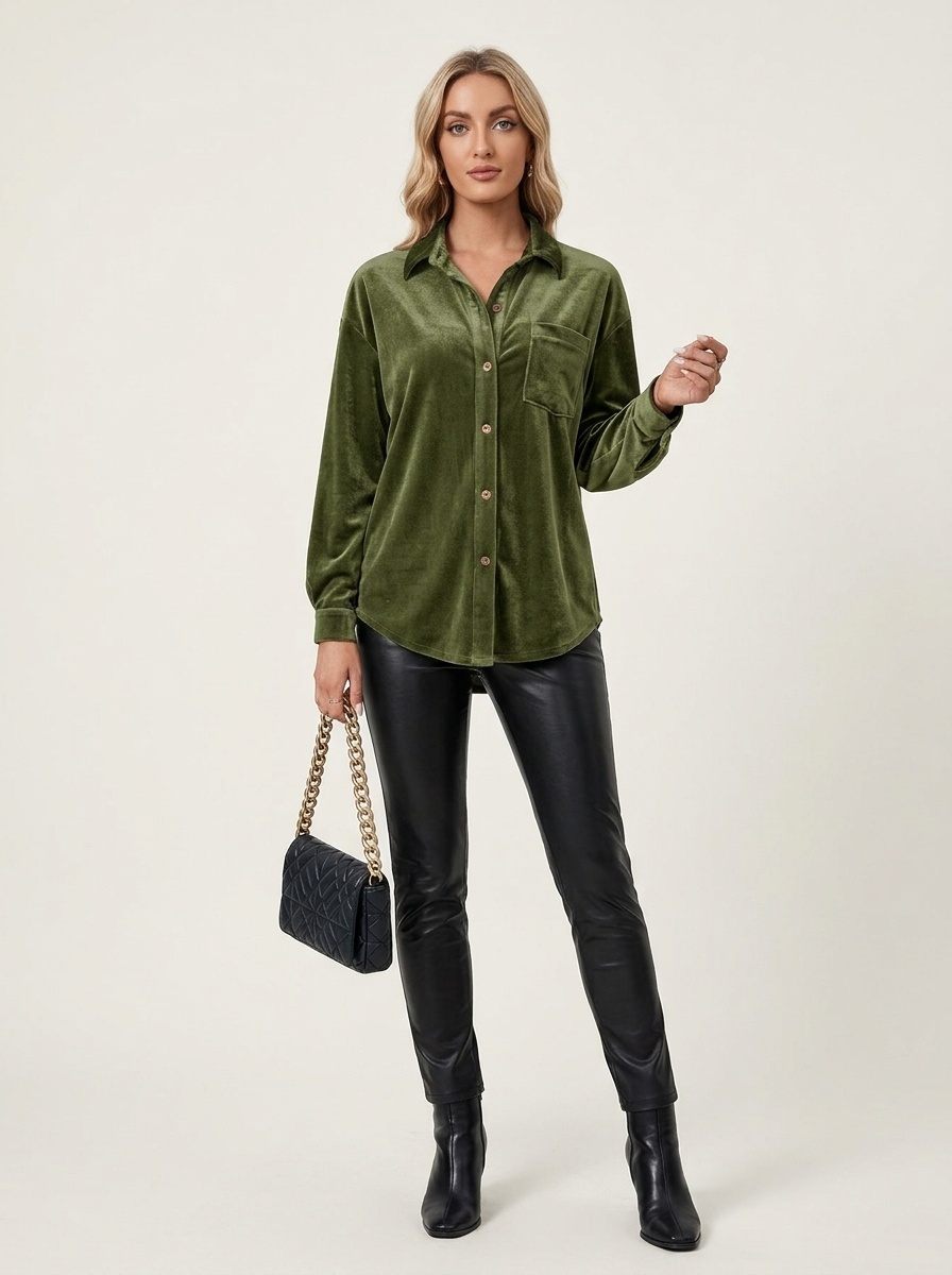 Women's Velvet Button Down Shirt Long Sleeve Blouse