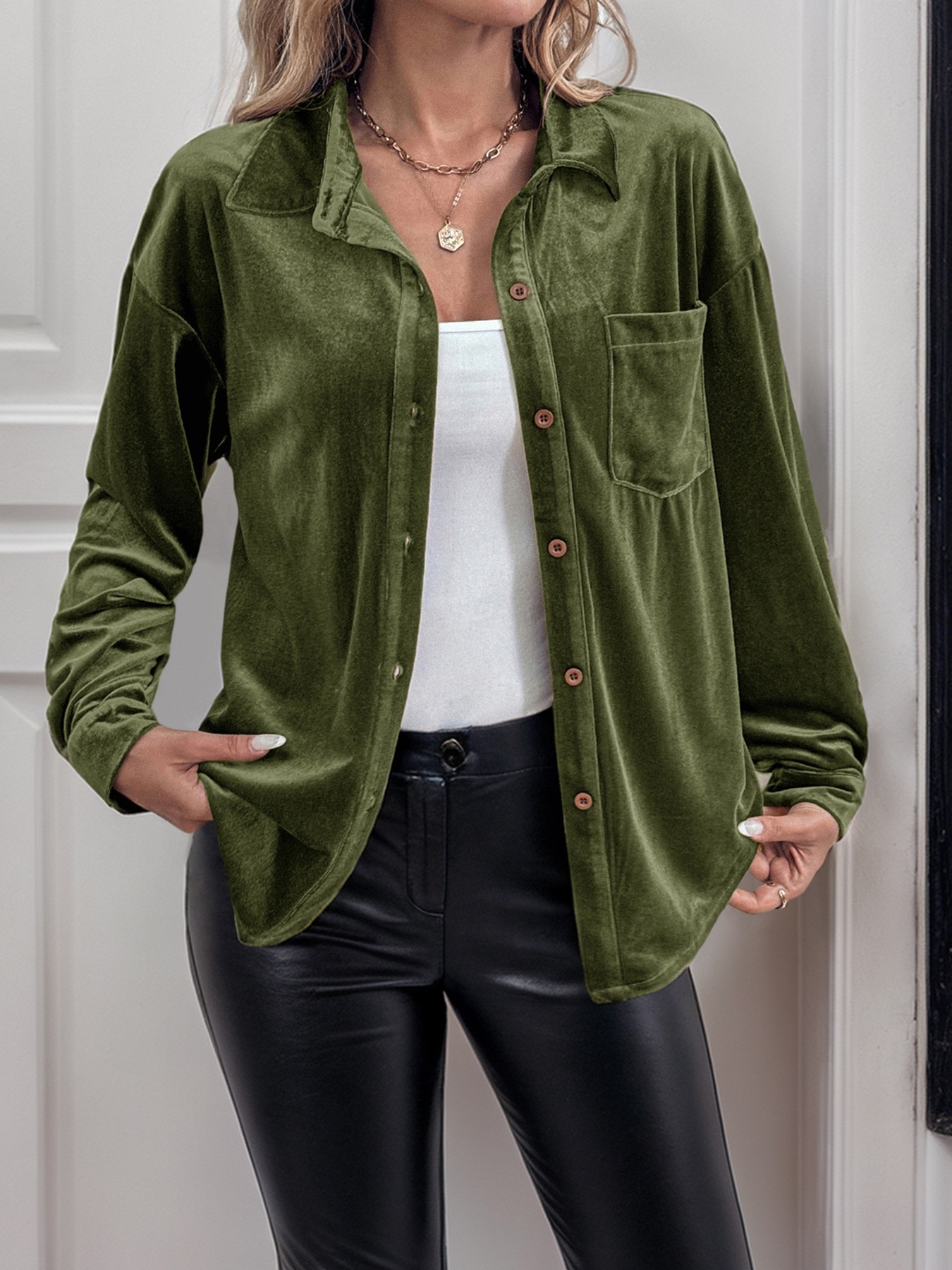 Women's Velvet Button Down Shirt Long Sleeve Blouse