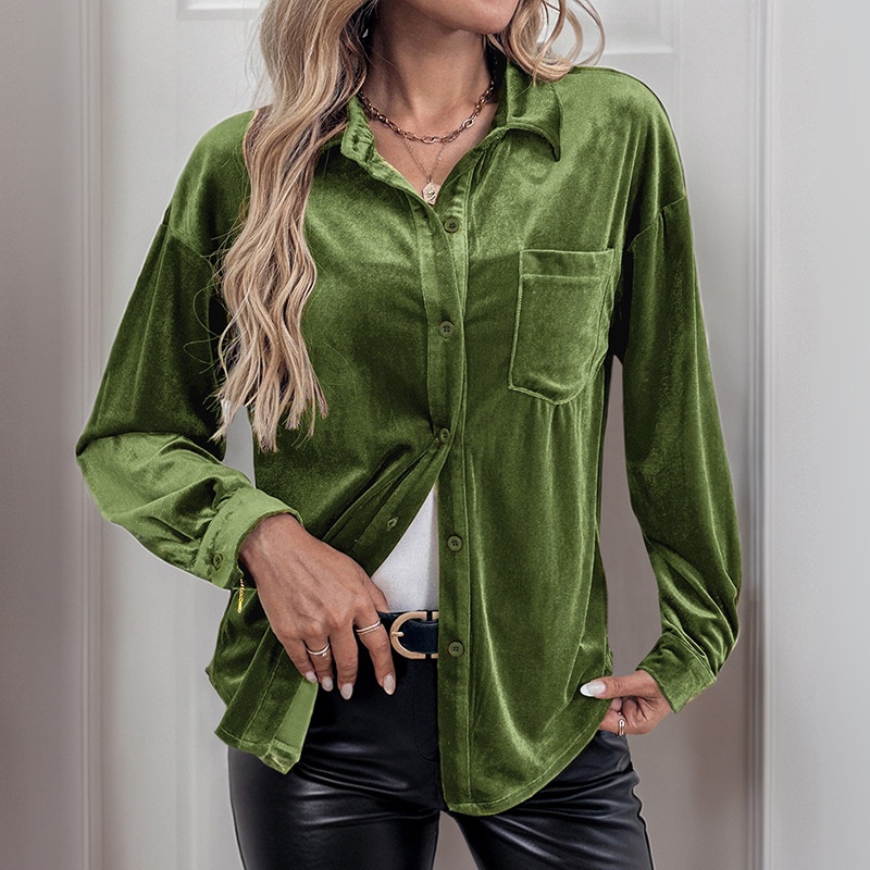 Women's Velvet Button Down Shirt Long Sleeve Blouse