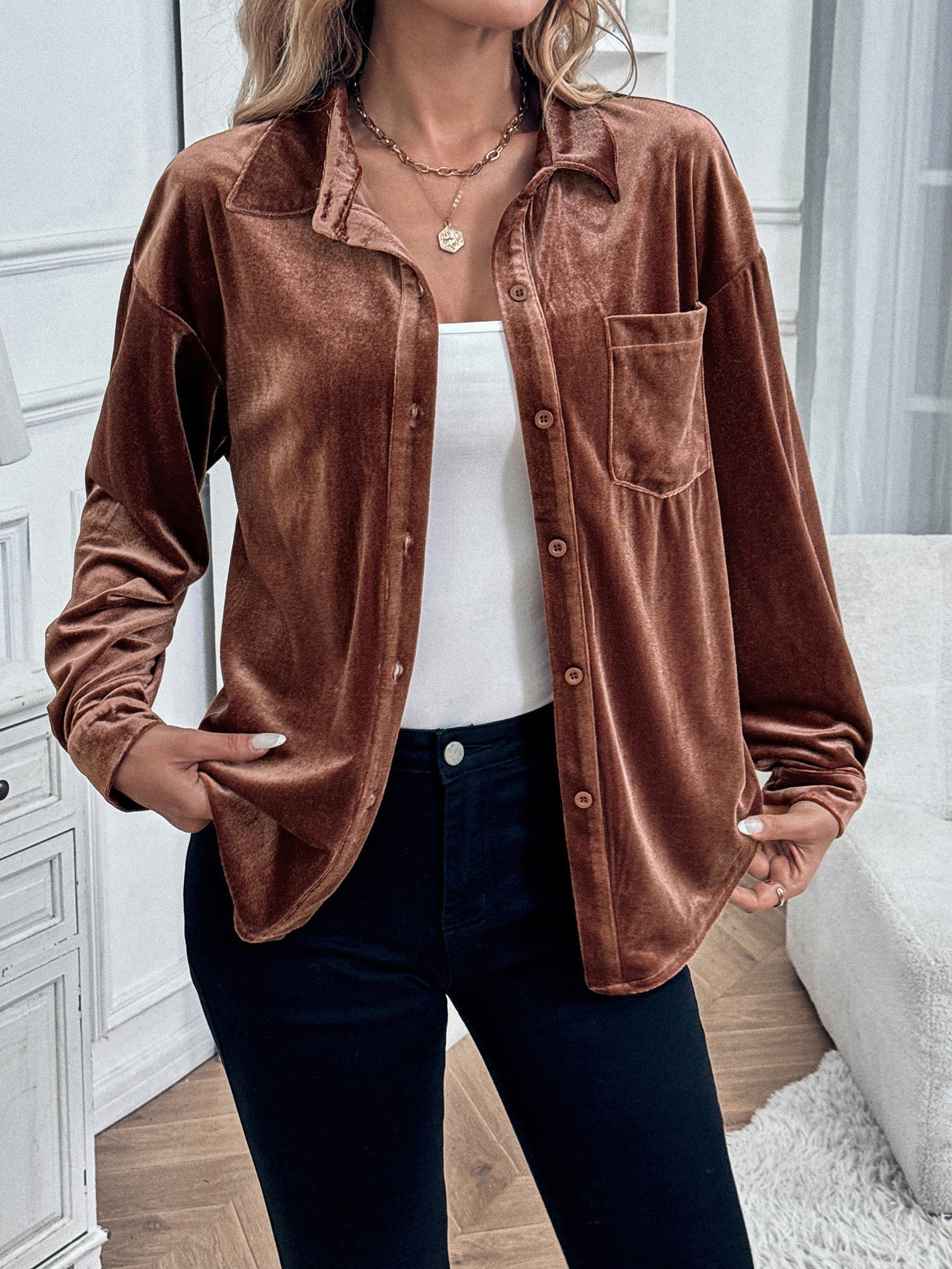 Women's Velvet Button Down Shirt Long Sleeve Blouse