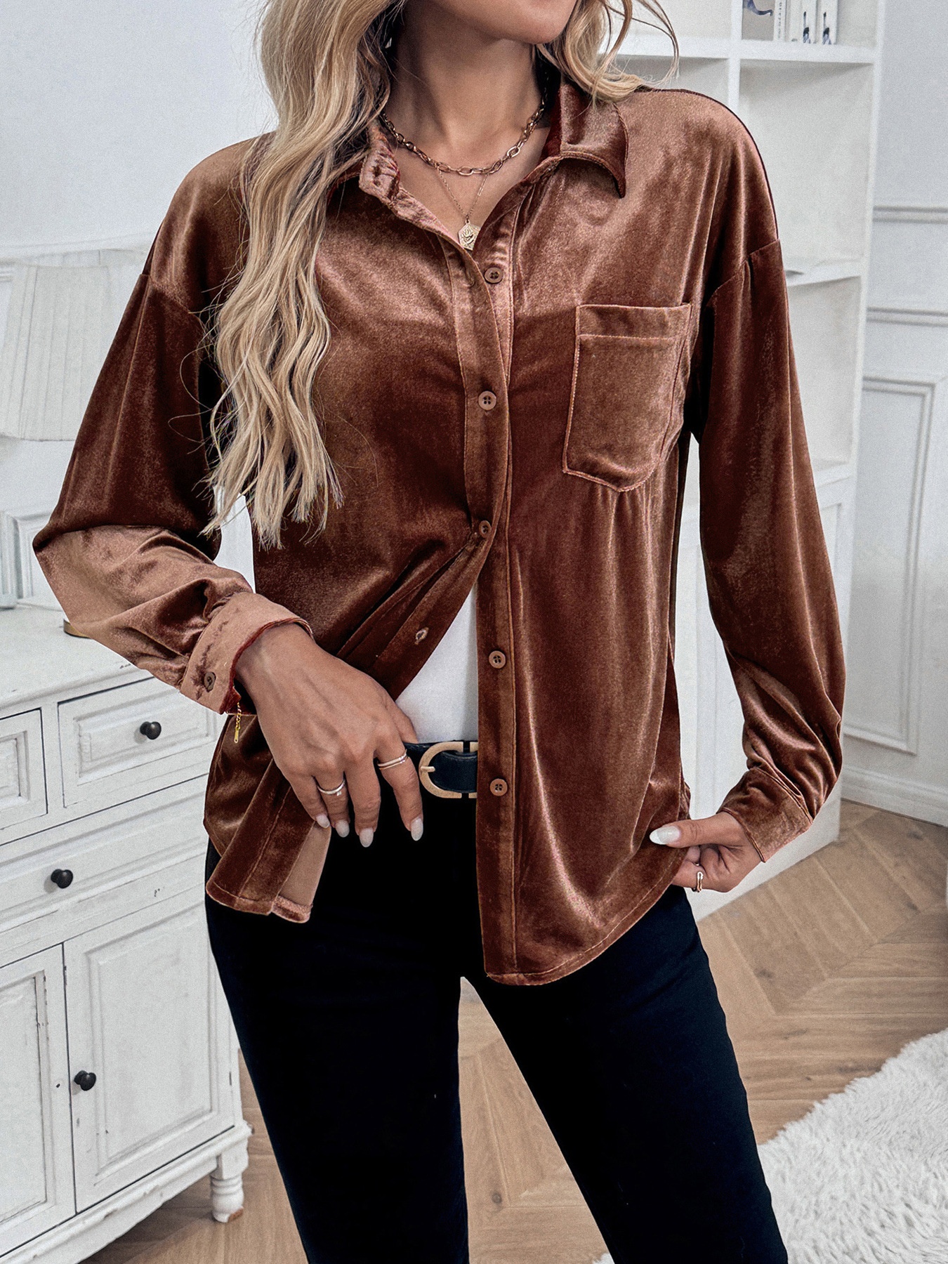 Women's Velvet Button Down Shirt Long Sleeve Blouse