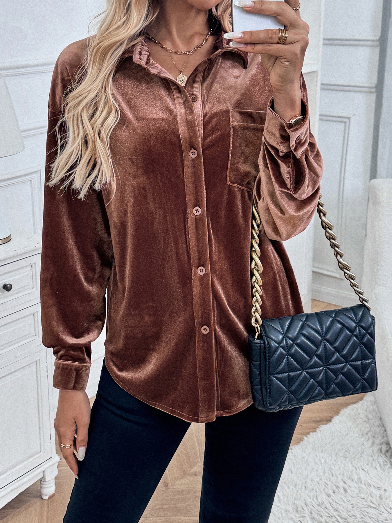 Women's Velvet Button Down Shirt Long Sleeve Blouse