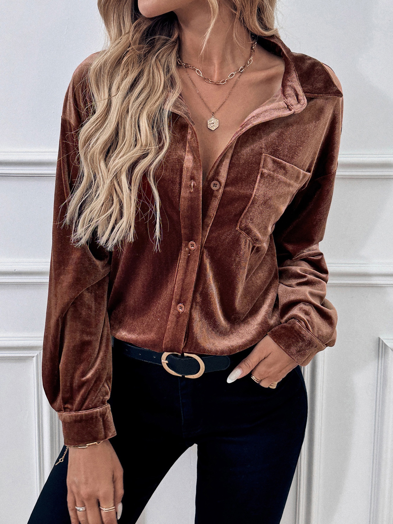 Women's Velvet Button Down Shirt Long Sleeve Blouse