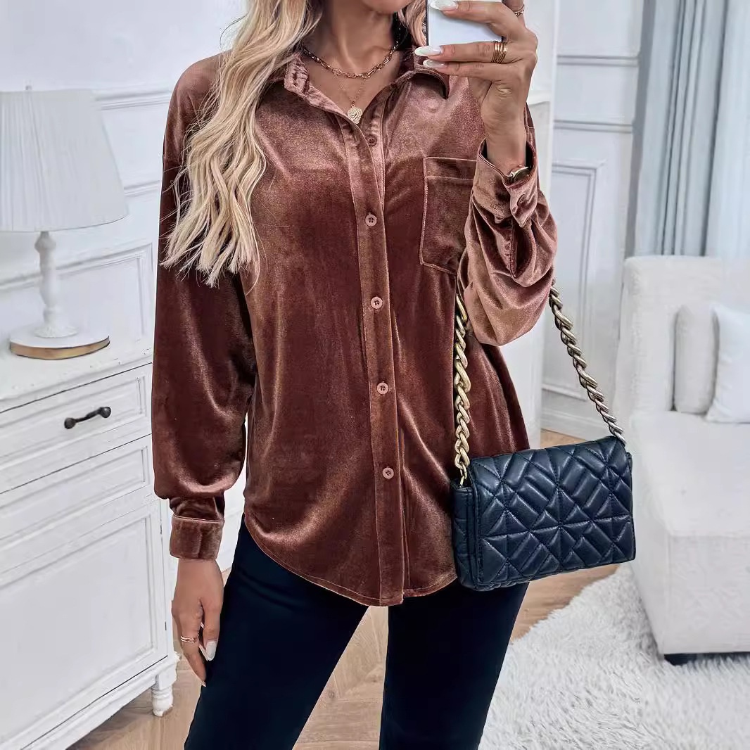 Women's Velvet Button Down Shirt Long Sleeve Blouse