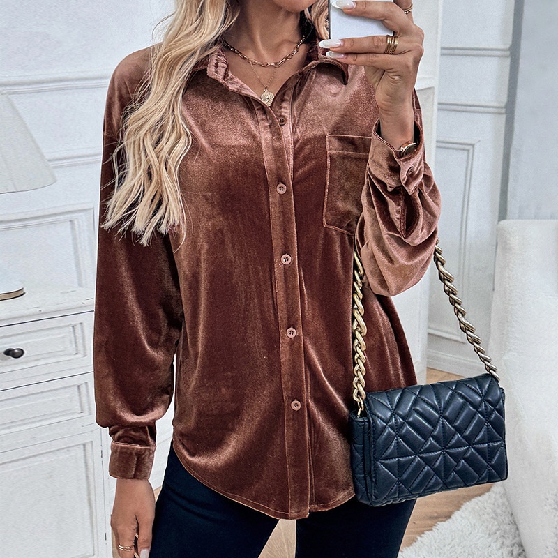 Women's Velvet Button Down Shirt Long Sleeve Blouse