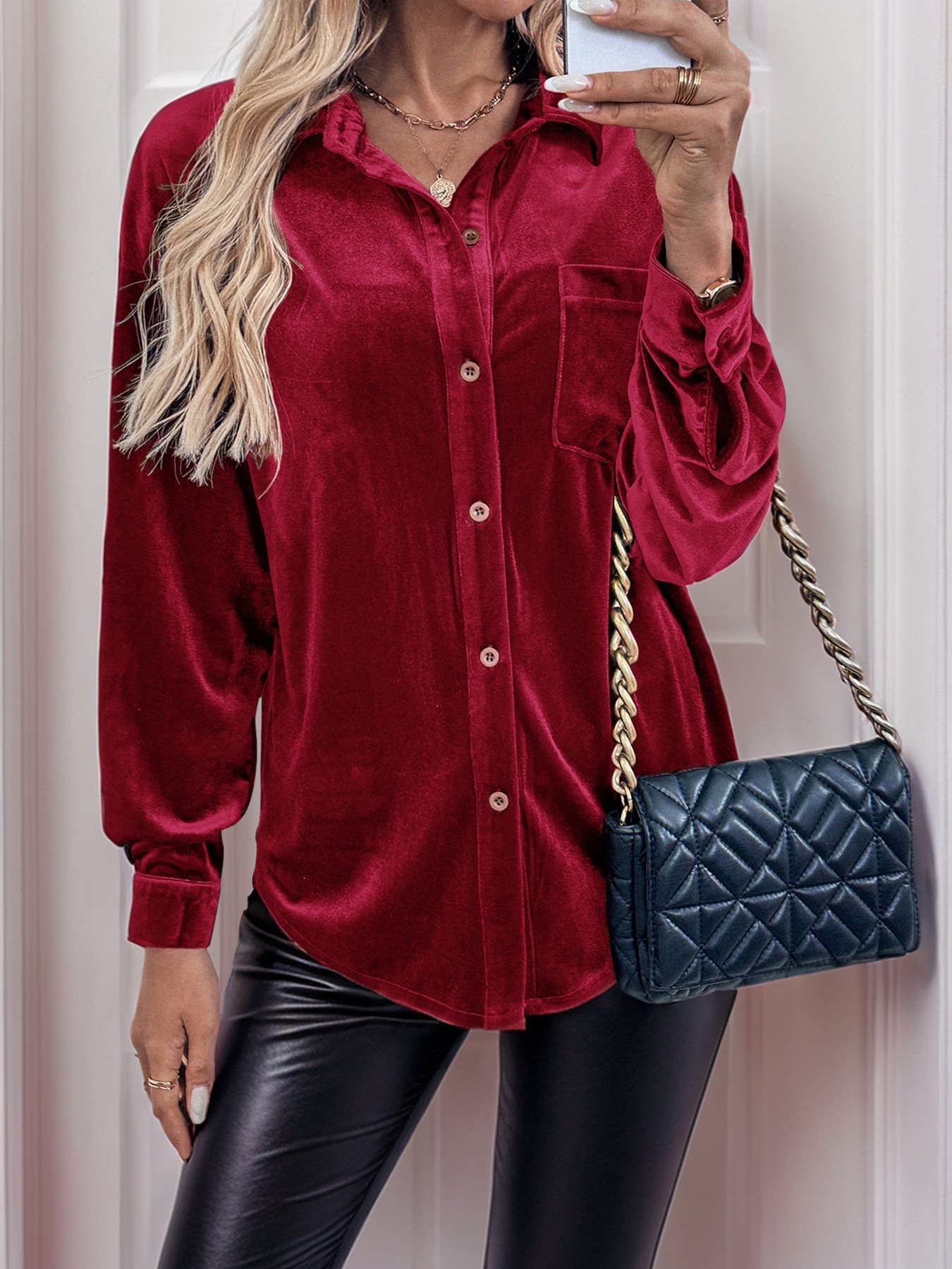 Women's Velvet Button Down Shirt Long Sleeve Blouse