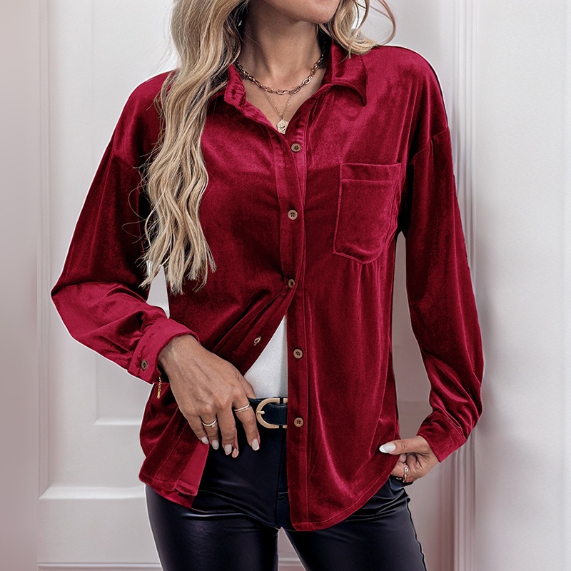 Women's Velvet Button Down Shirt Long Sleeve Blouse