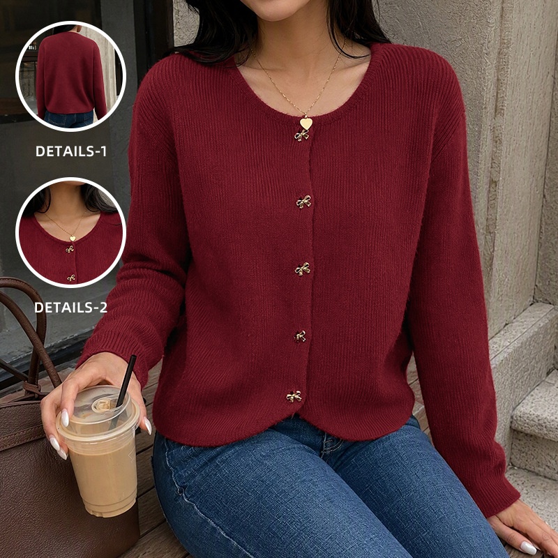 Women's Burgundy Knit Bow Button Cardigan