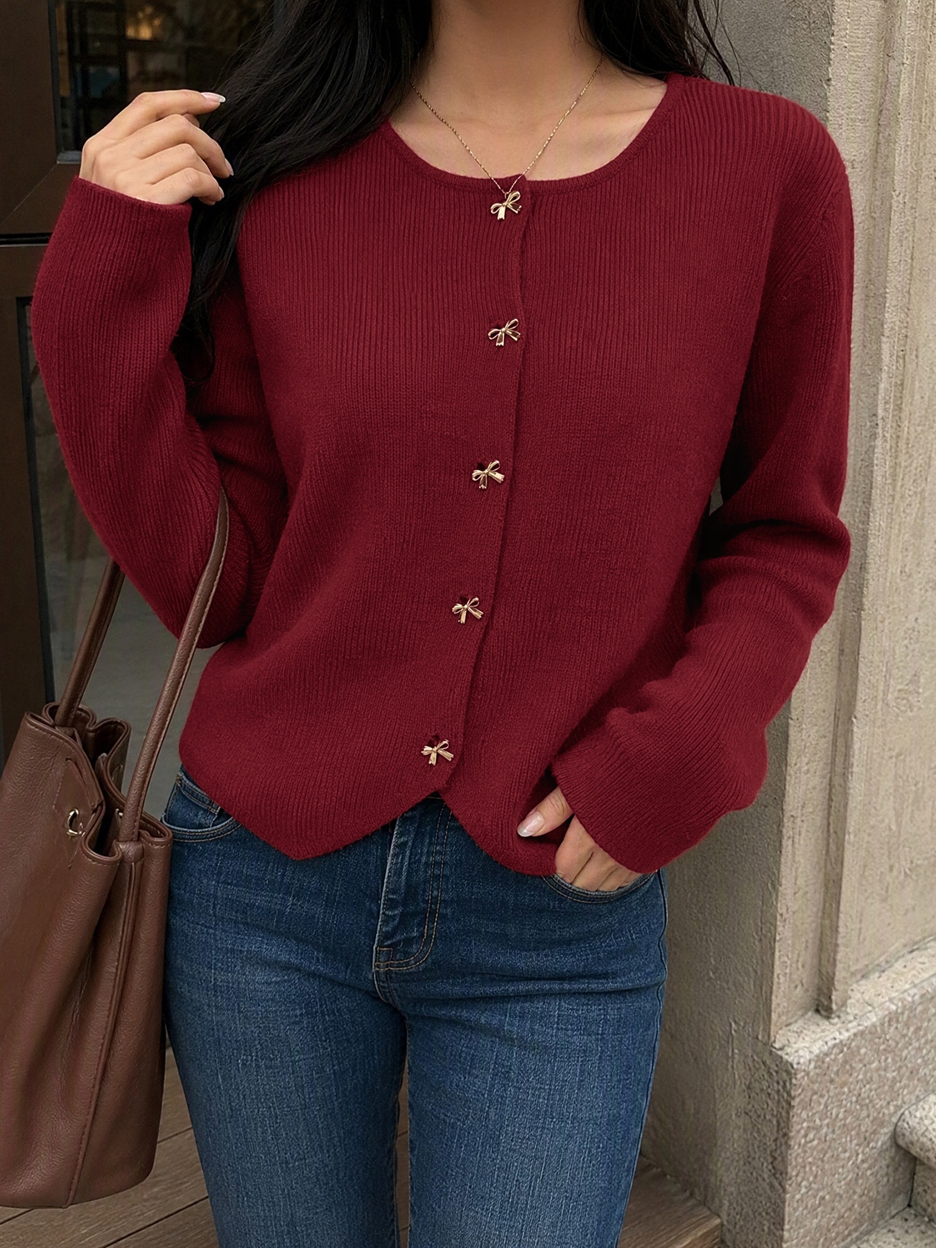Women's Burgundy Knit Bow Button Cardigan