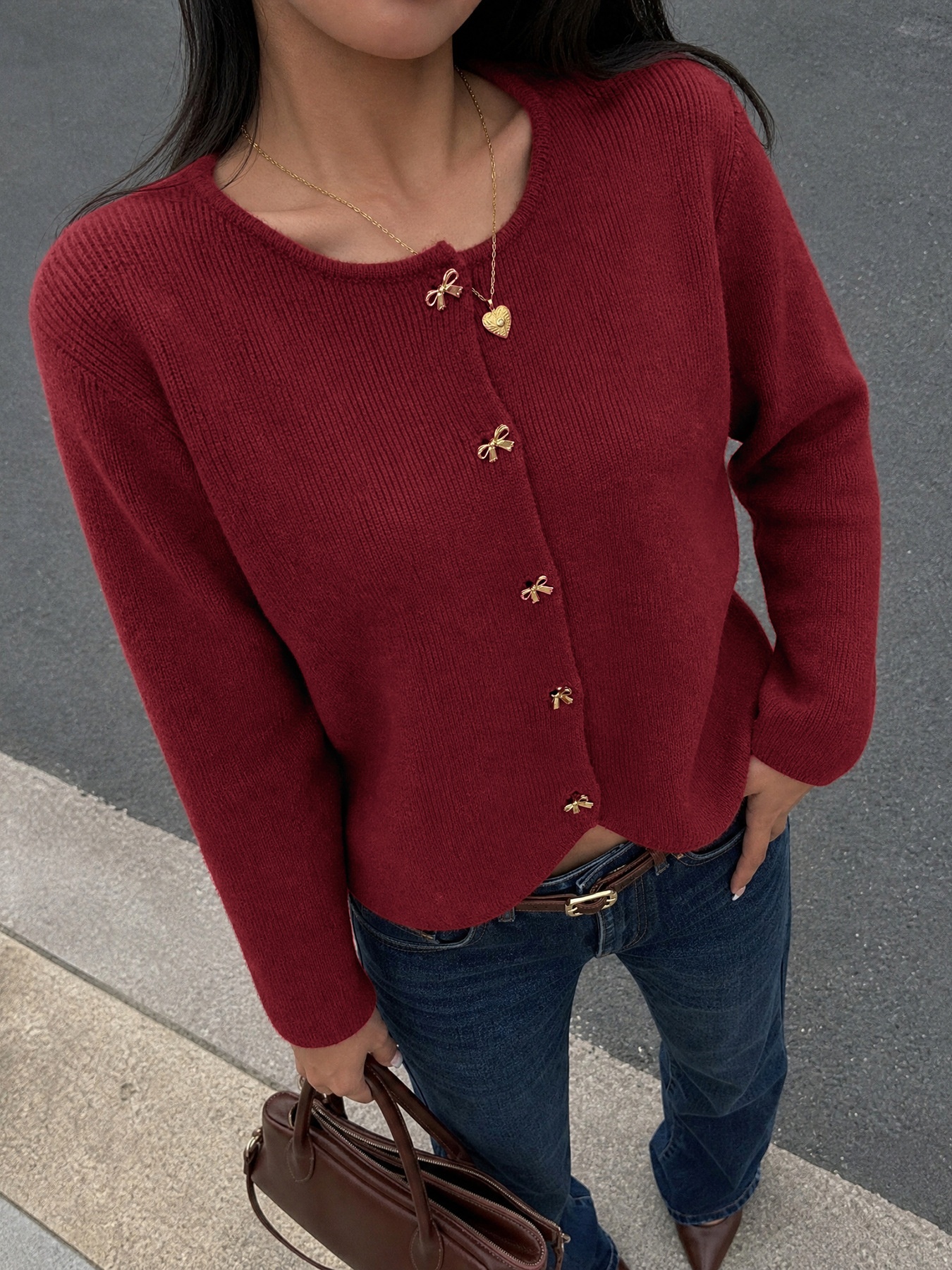 Women's Burgundy Knit Bow Button Cardigan