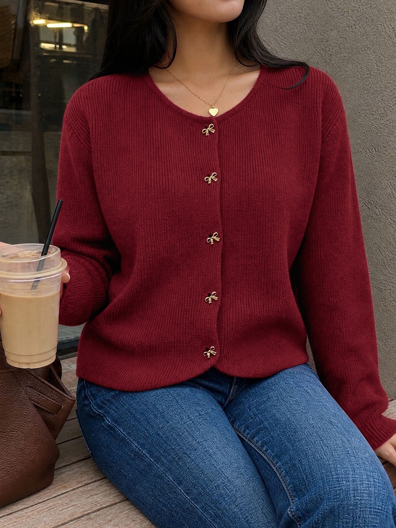Women's Burgundy Knit Bow Button Cardigan