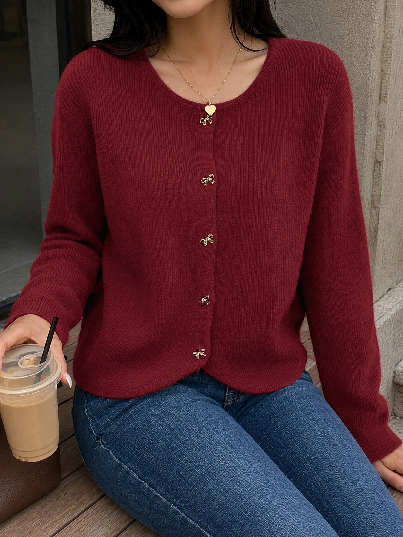 Women's Burgundy Knit Bow Button Cardigan