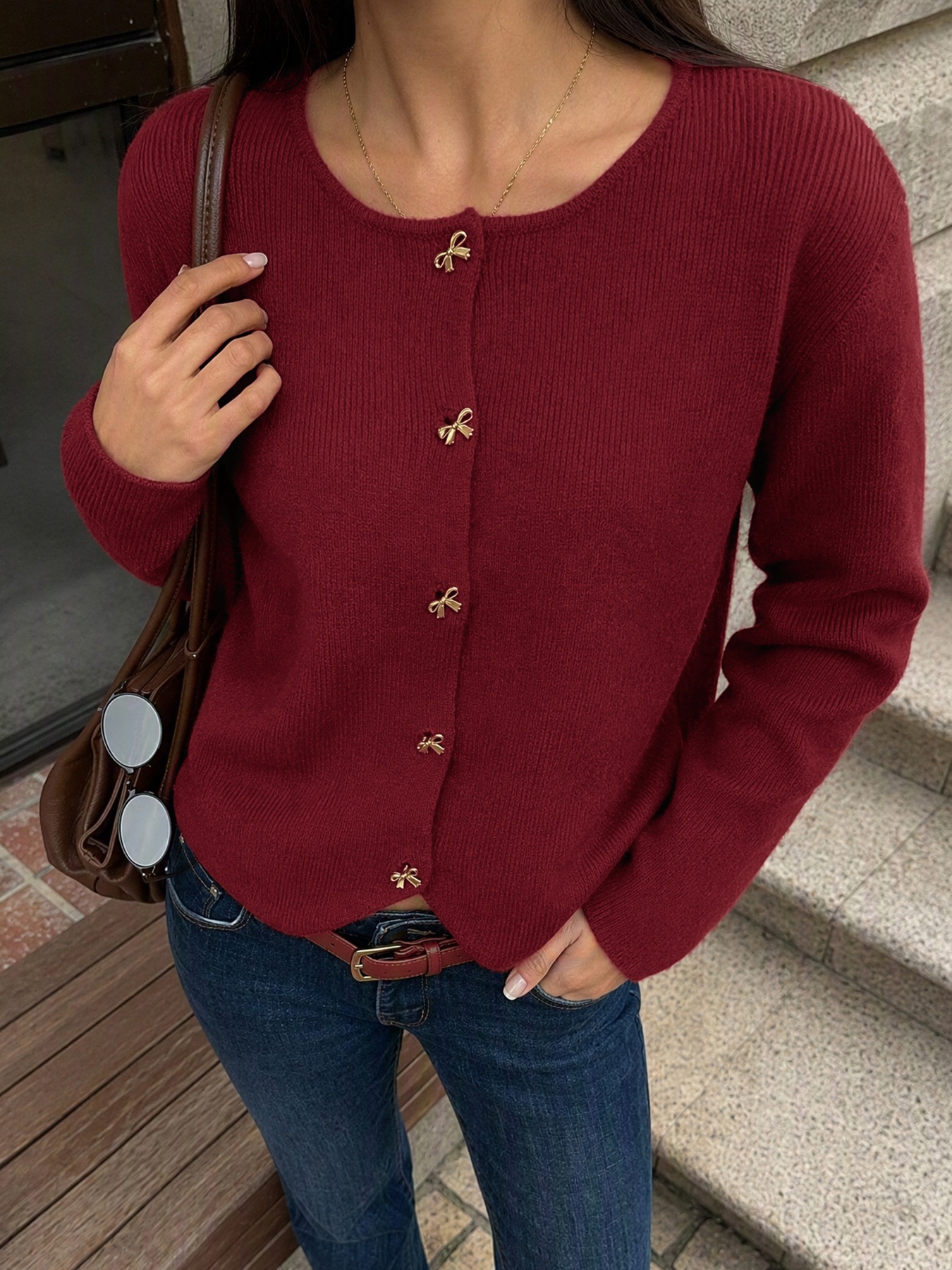 Women's Burgundy Knit Bow Button Cardigan