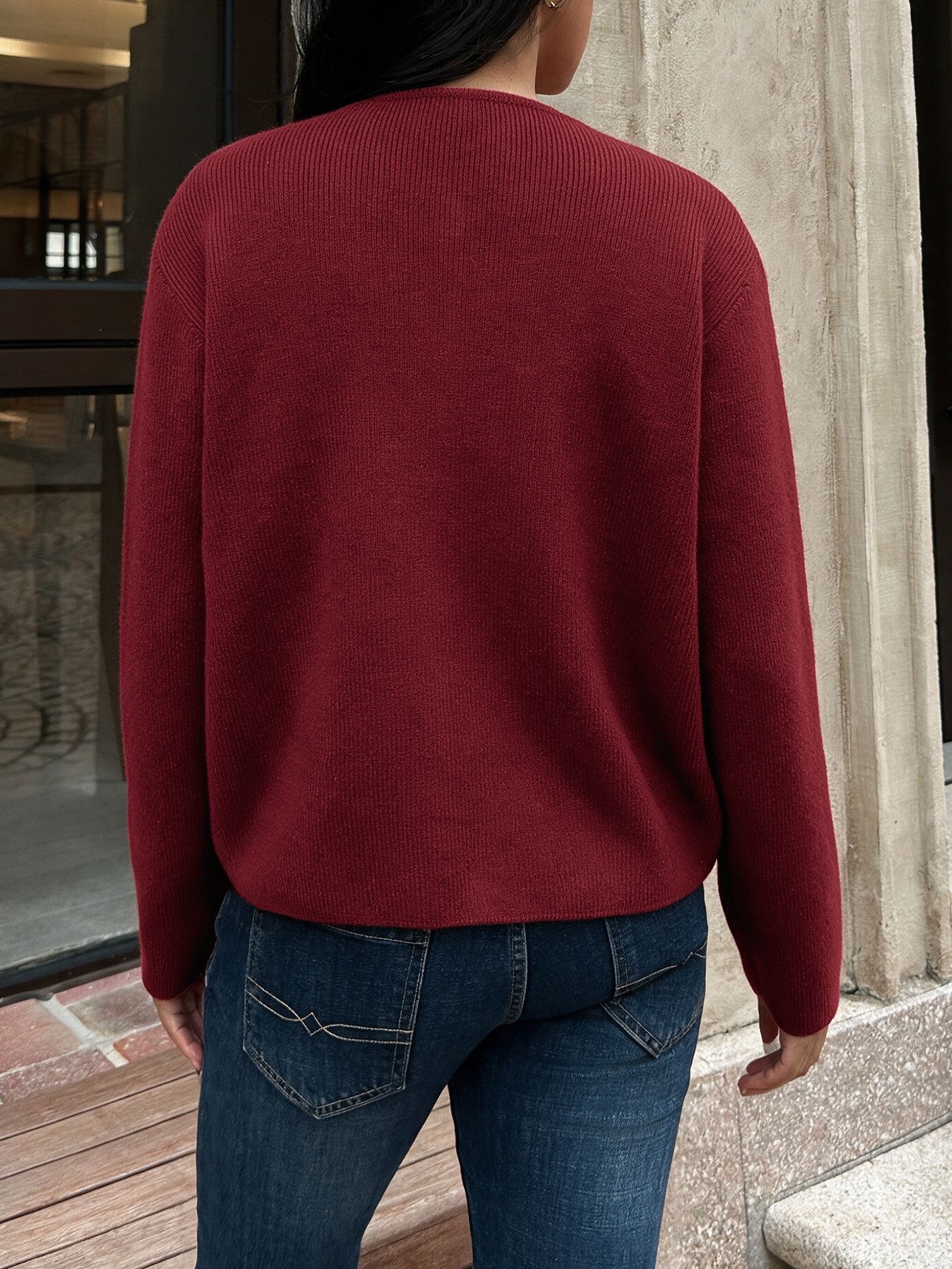Women's Burgundy Knit Bow Button Cardigan