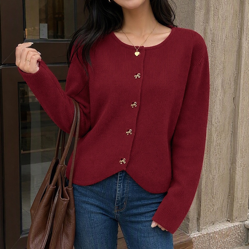 Women's Burgundy Knit Bow Button Cardigan