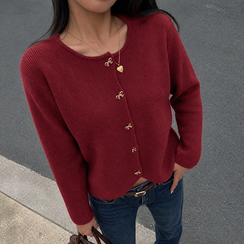 Women's Burgundy Knit Bow Button Cardigan